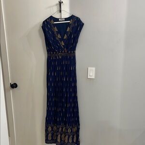 Anthropologie Blue and Gold Sleeveless V-Neck Gown